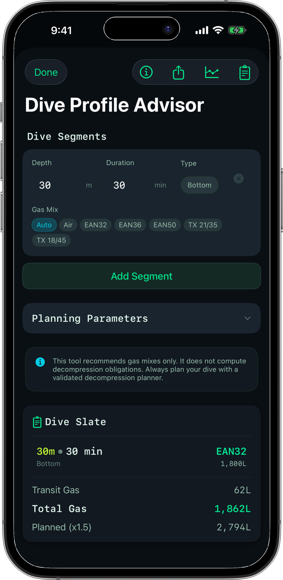 Dive Profile Advisor with multi-segment depth chart