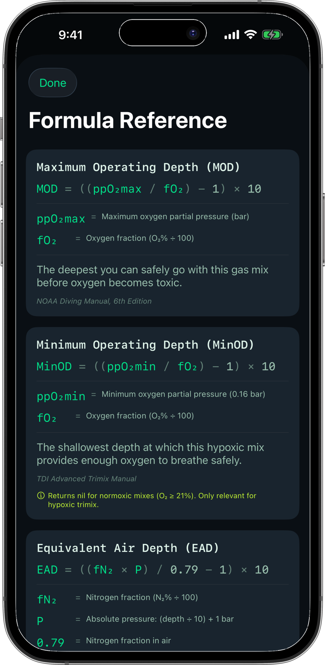 Formula reference showing step-by-step derivation with source citations