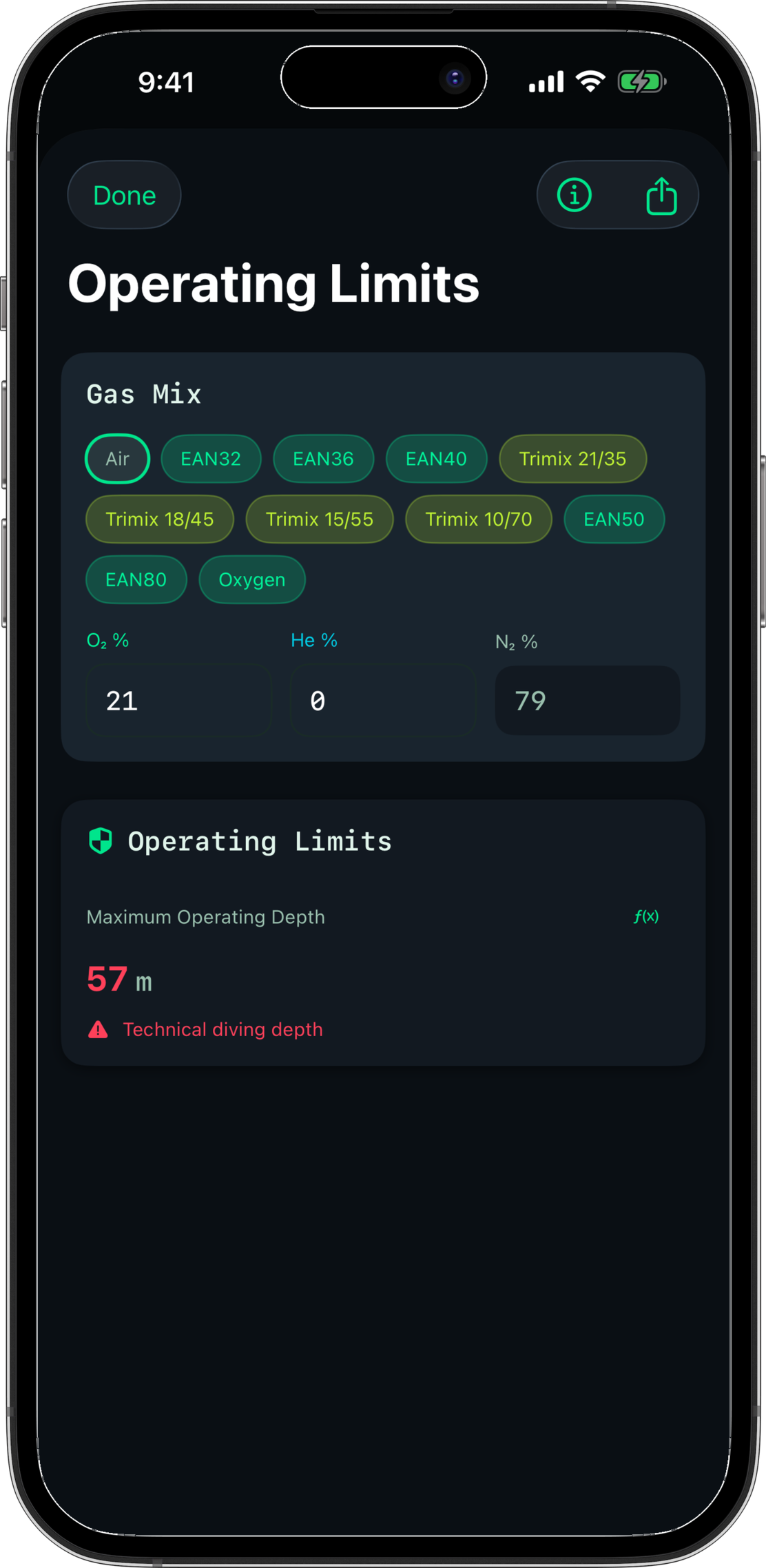 Operating Limits calculator showing MOD for EAN32
