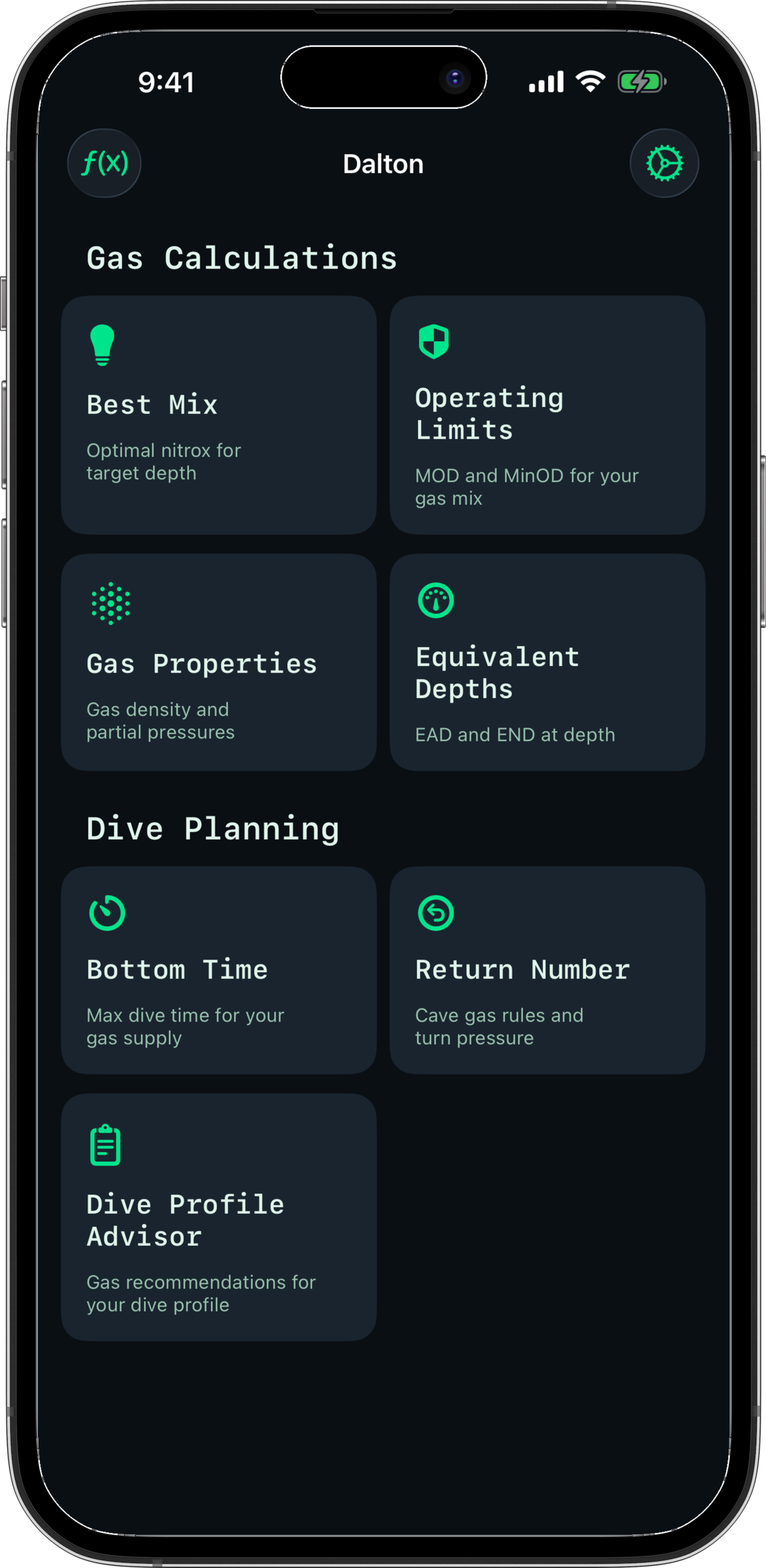 Dalton tool grid showing all seven gas calculation tools