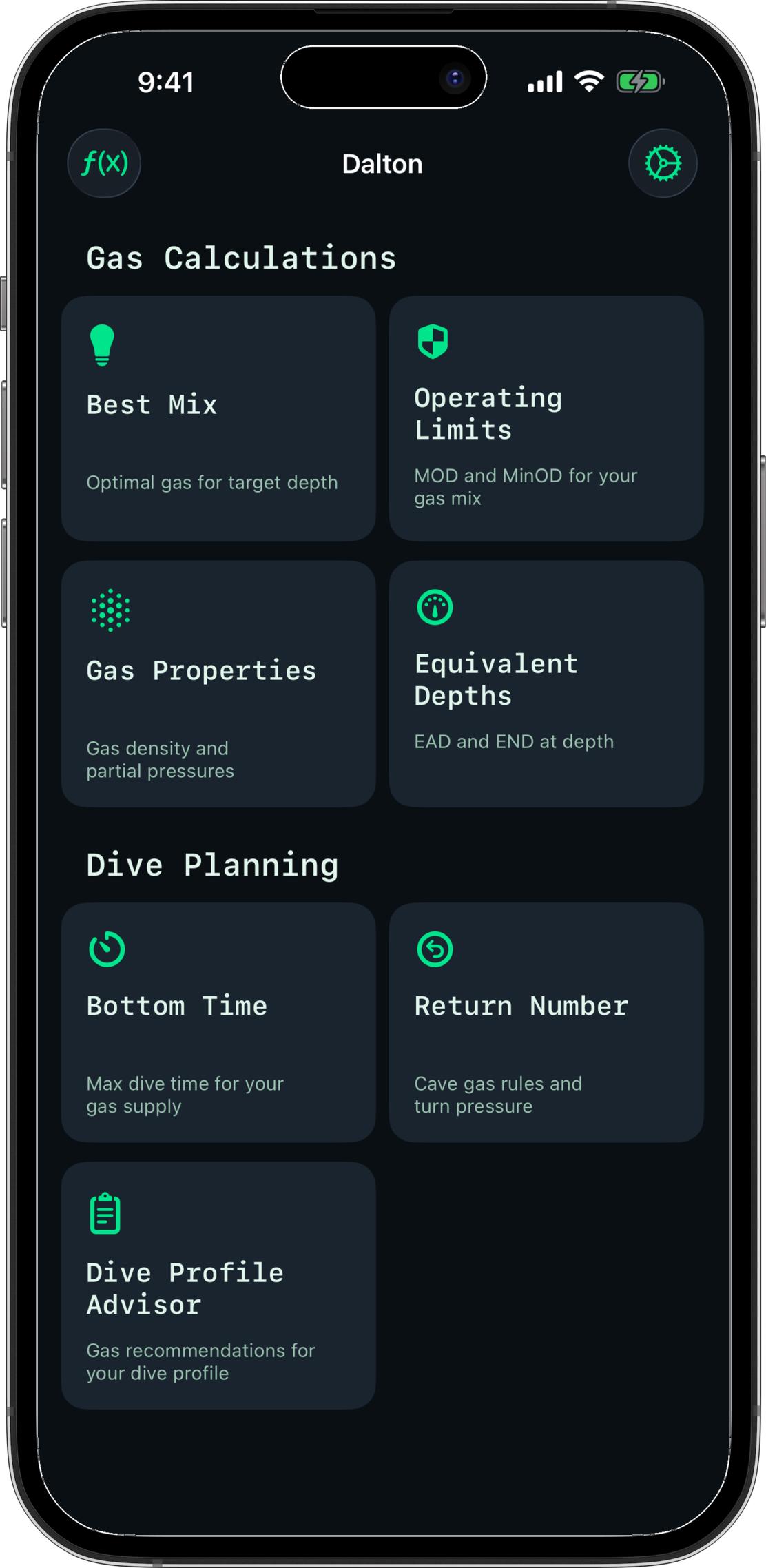 Dalton gas calculator showing seven professional dive tools
