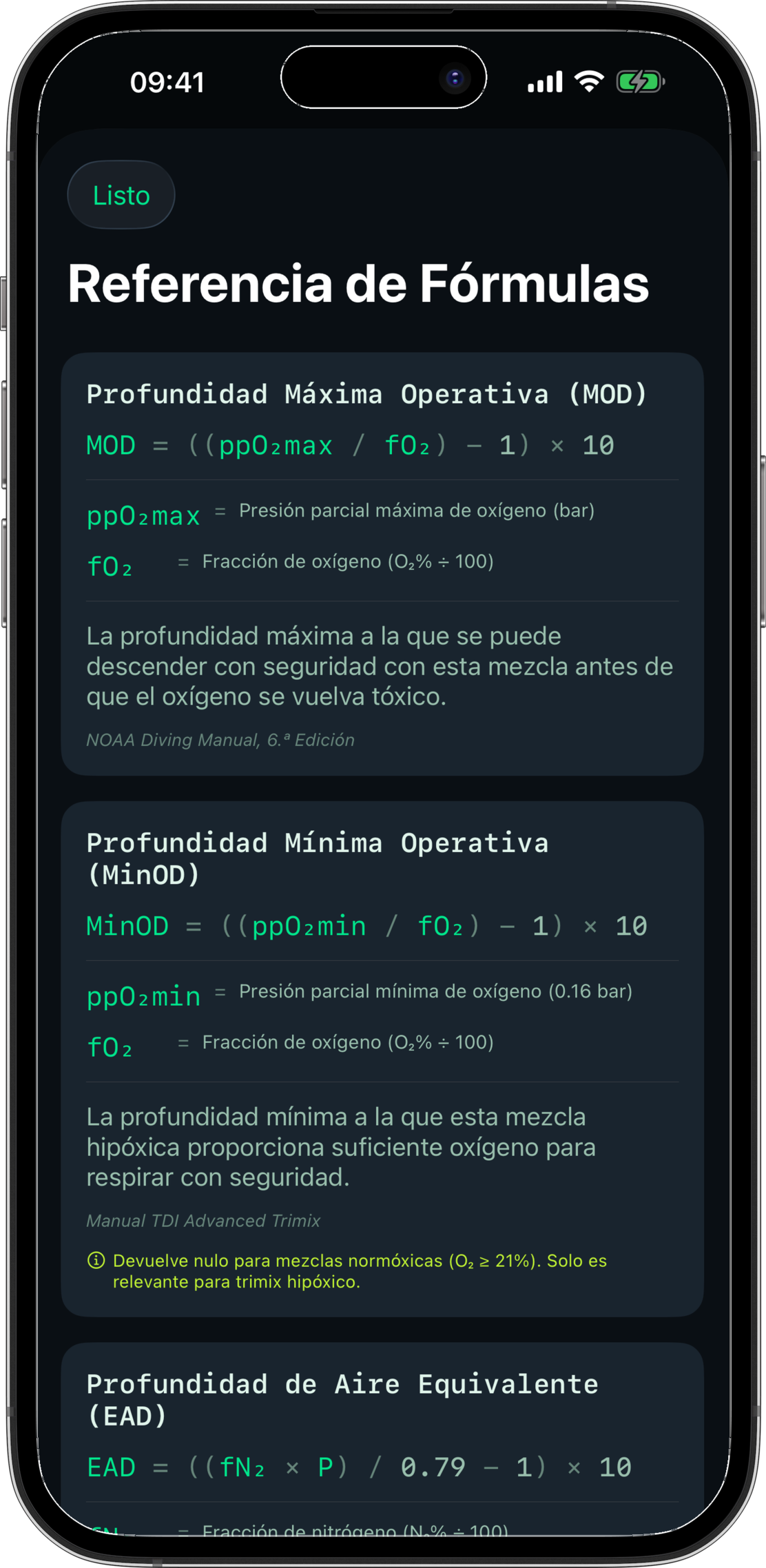 Referencia de fórmulas mostrando derivación transparente paso a paso con citas de fuentes