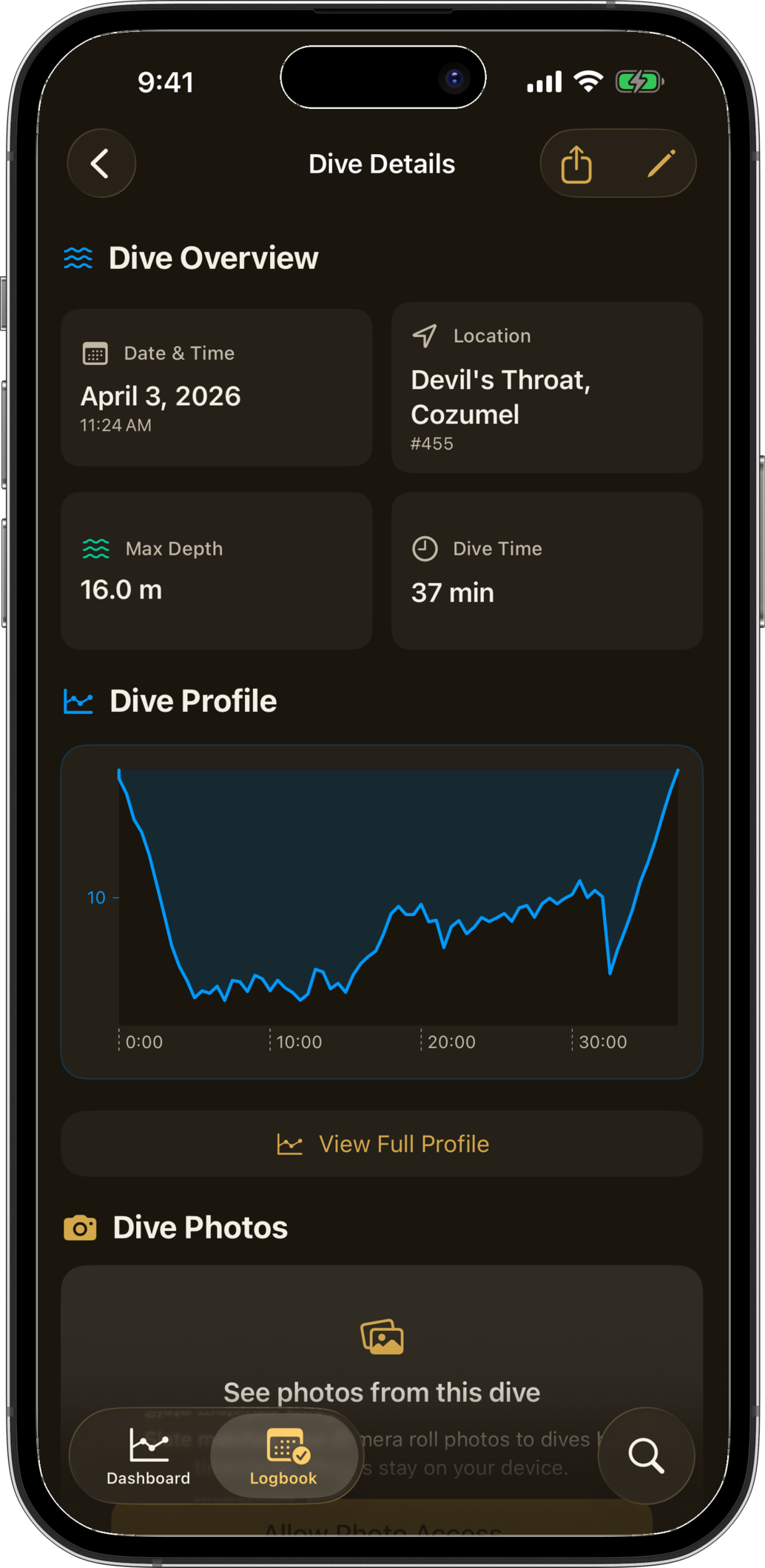 Slate dive detail with depth profile