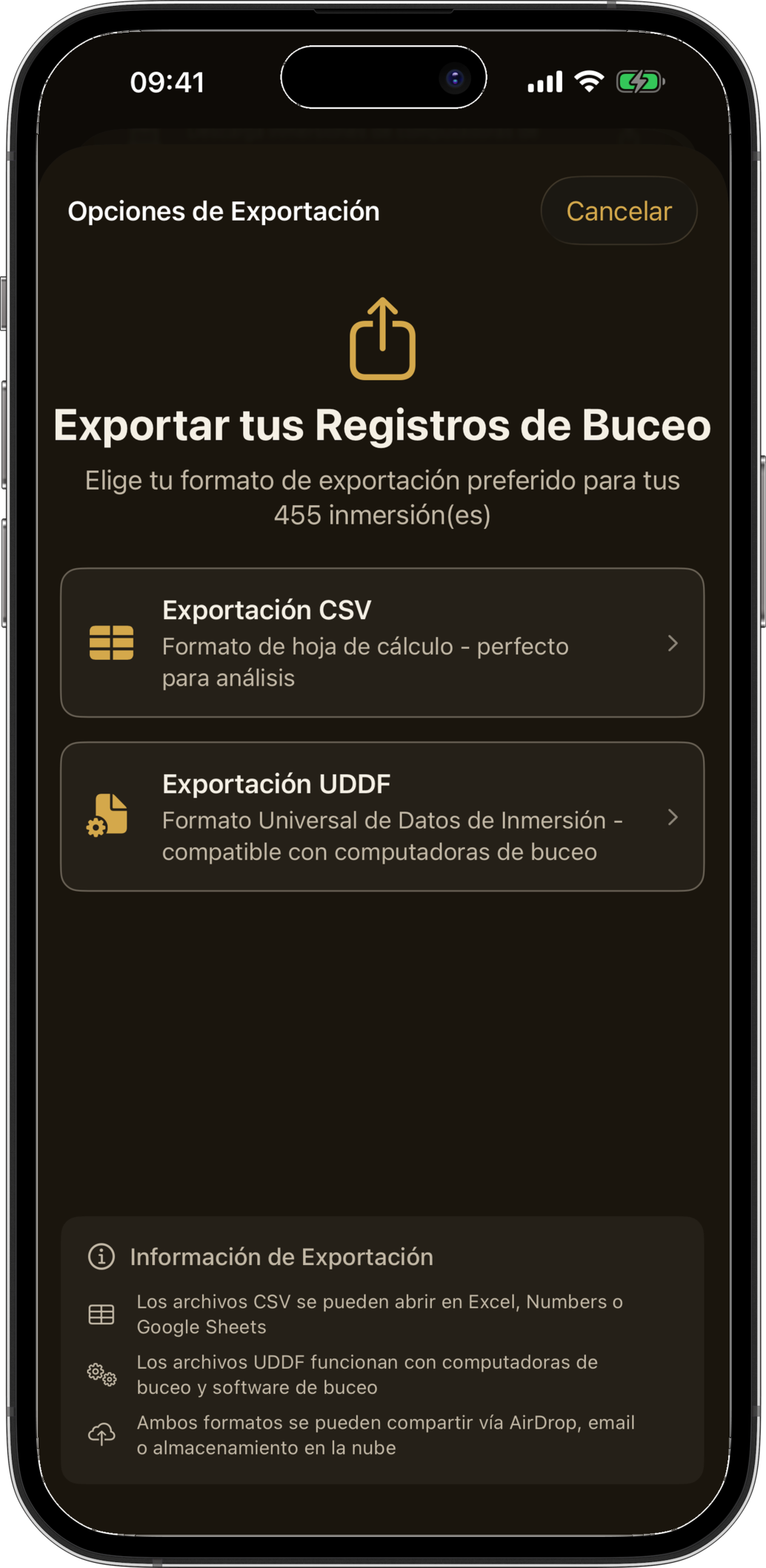 Opciones de exportación mostrando formatos CSV y UDDF