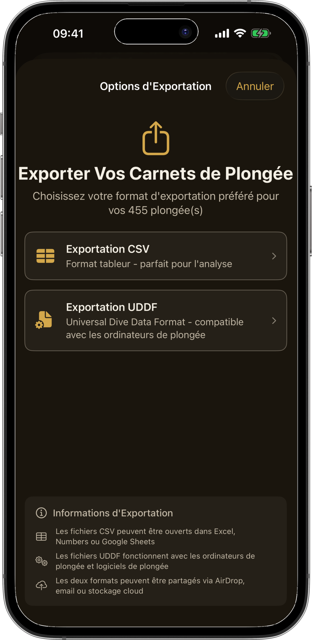 Options d'export montrant les formats CSV et UDDF